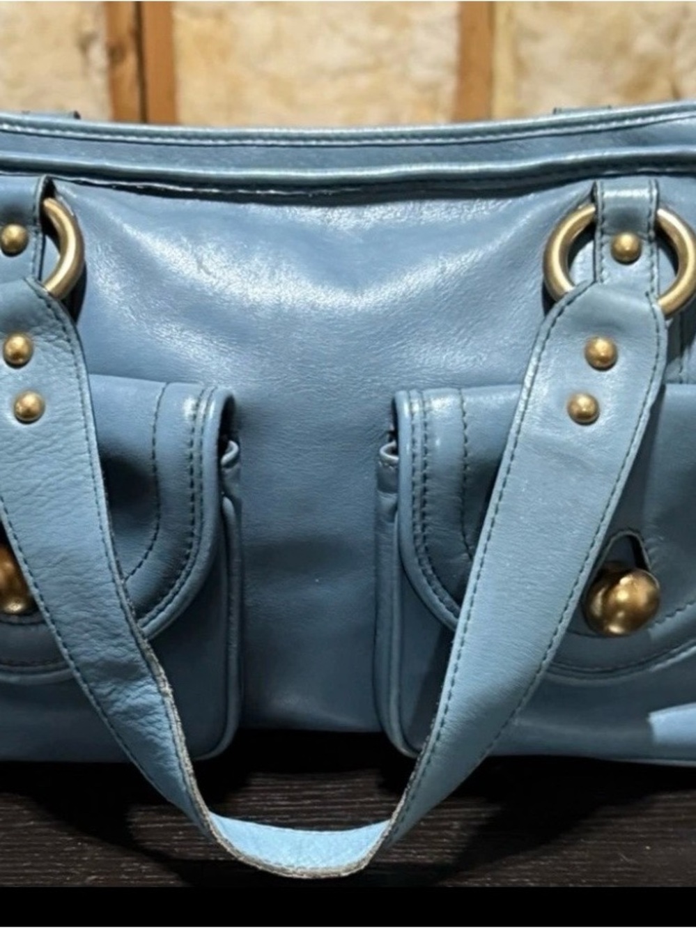 Marc Jacobs Light Blue Leather Shoulder Bag with Front Pockets. - Picture 3 of 10